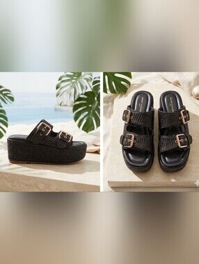 Marc Fisher Black Platform Woven Double-Buckle Sandals with Gold Hardware